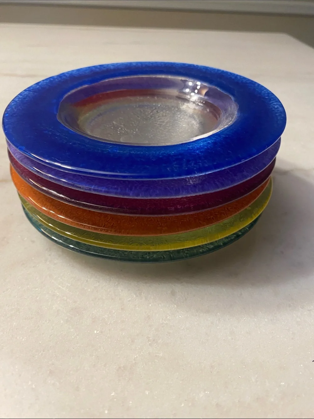 6 Multicolor Glass dessert plates Blue, Purple, Orange, Yellow, pink